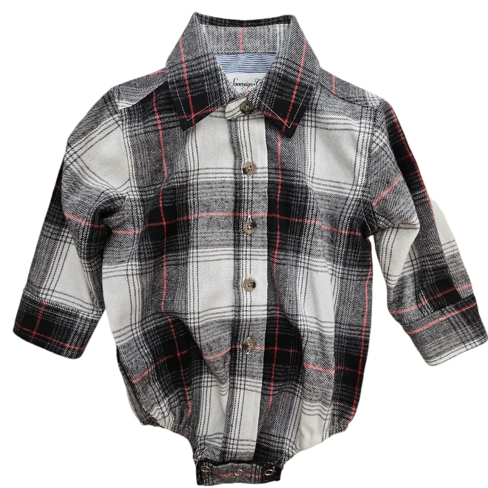 Nwot Sovereign Code Boys Black/Red/White/Gray Plaid Flannel Collared Onsie